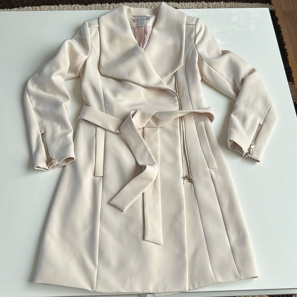 H&M belted Zipper trench coat lined waterfall collar